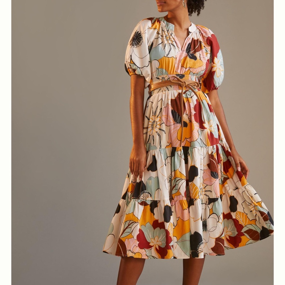 Floral Puff-Sleeve Tiered Midi Dress in Multi - Picture 1 of 4